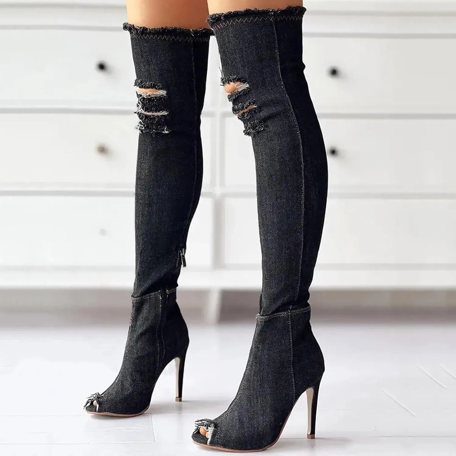 Knee High Boots Women Low Heel Winter Boots for Women Fashion Open Cowboy Knee High Boots Skinny Open Toe Shoes