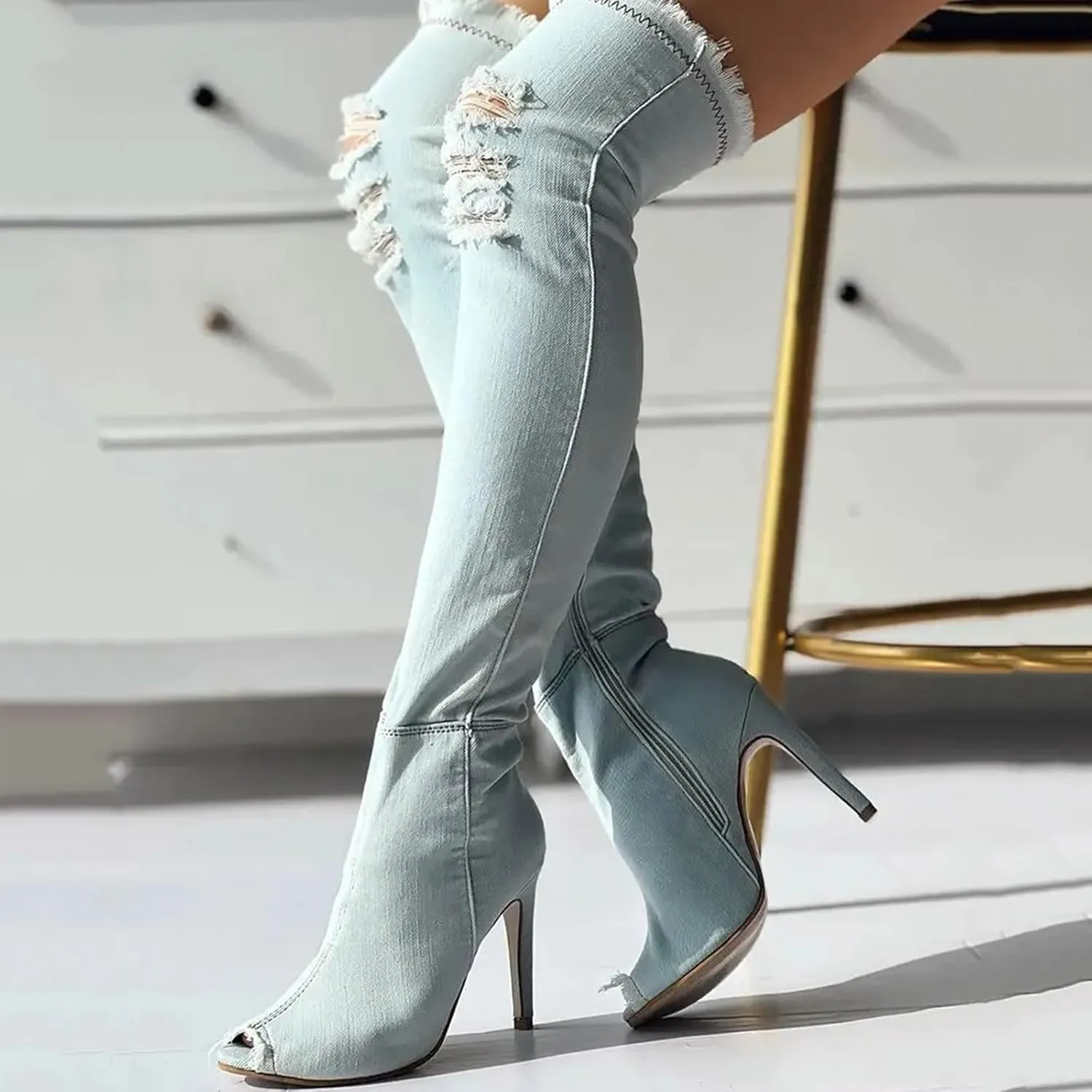Knee High Boots Women Low Heel Winter Boots for Women Fashion Open Cowboy Knee High Boots Skinny Open Toe Shoes