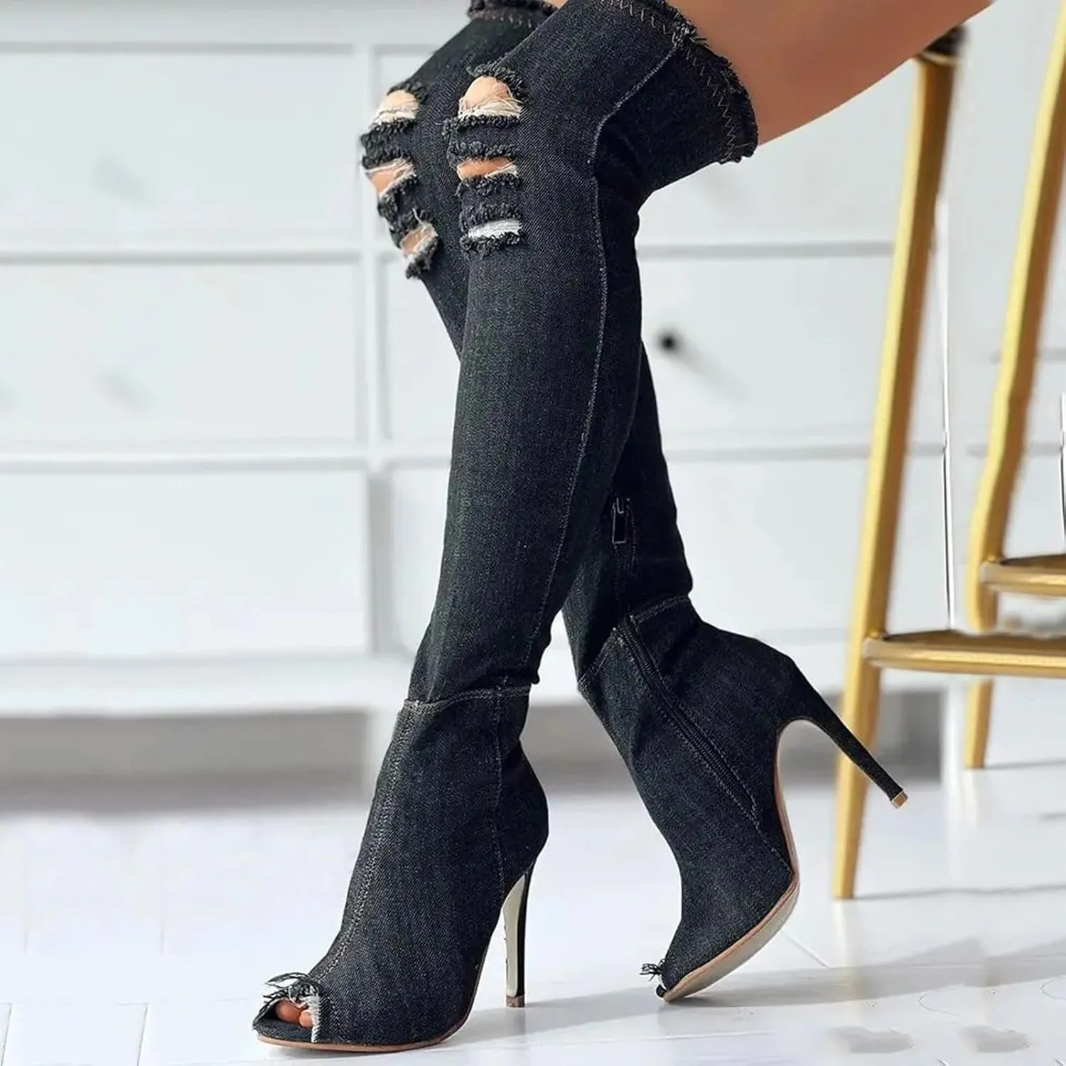 Knee High Boots Women Low Heel Winter Boots for Women Fashion Open Cowboy Knee High Boots Skinny Open Toe Shoes
