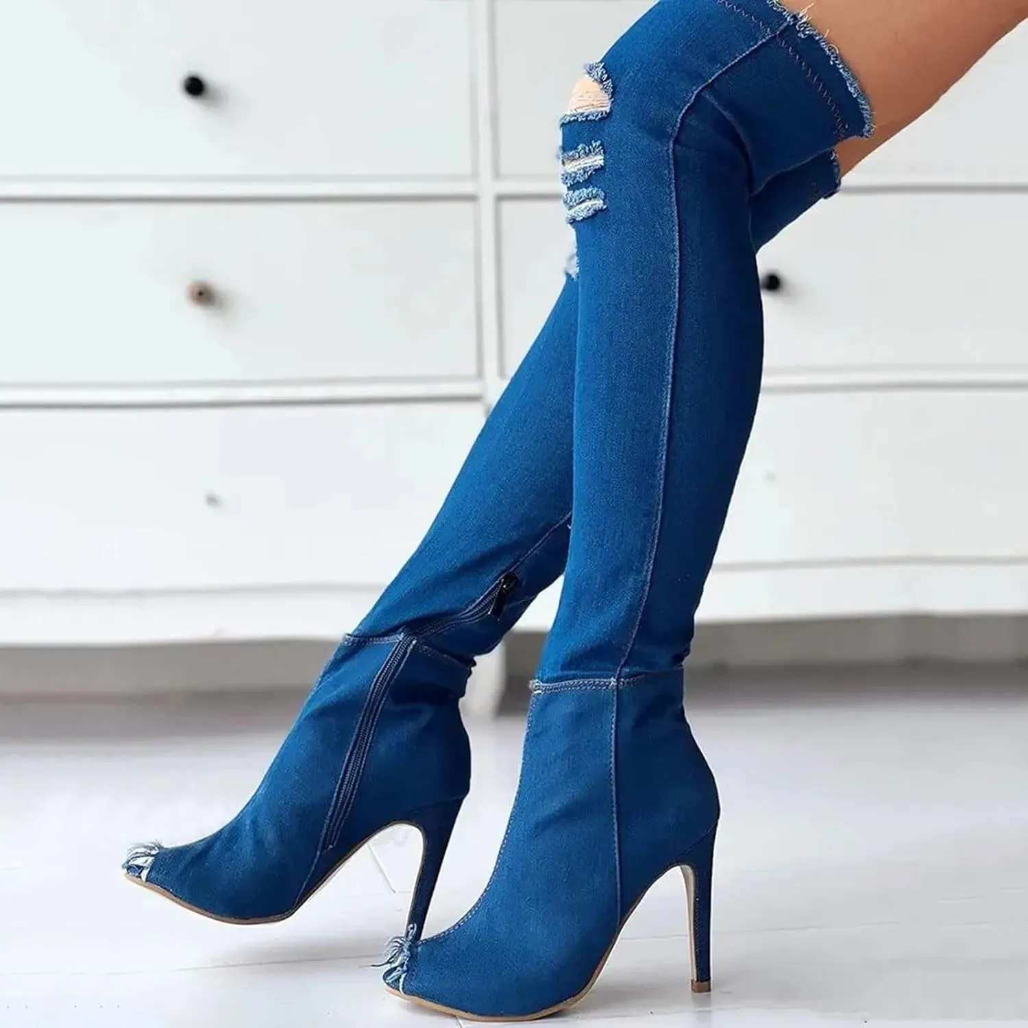 Knee High Boots Women Low Heel Winter Boots for Women Fashion Open Cowboy Knee High Boots Skinny Open Toe Shoes
