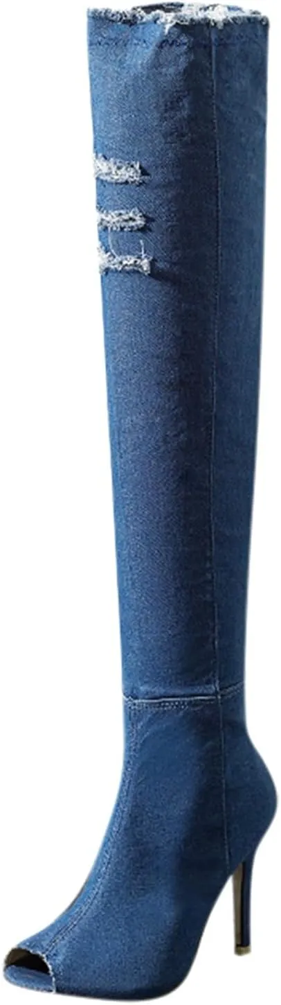 Knee High Boots Women Low Heel Winter Boots for Women Fashion Open Cowboy Knee High Boots Skinny Open Toe Shoes