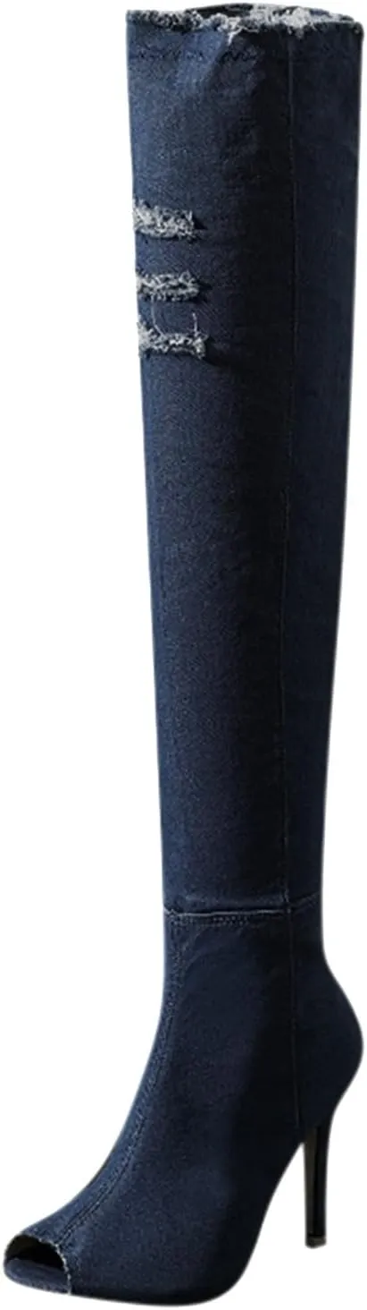 Knee High Boots Women Low Heel Winter Boots for Women Fashion Open Cowboy Knee High Boots Skinny Open Toe Shoes