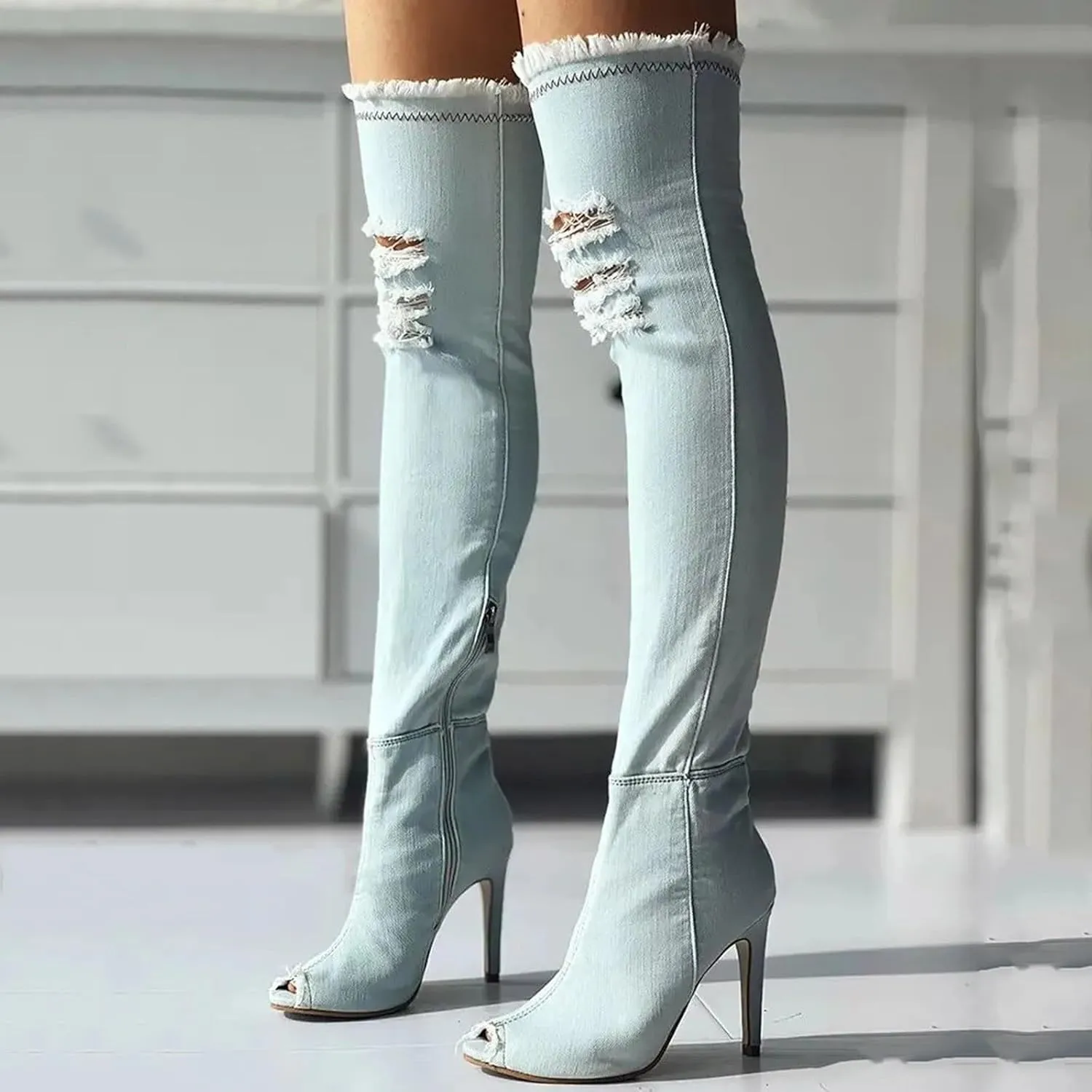 Knee High Boots Women Low Heel Winter Boots for Women Fashion Open Cowboy Knee High Boots Skinny Open Toe Shoes