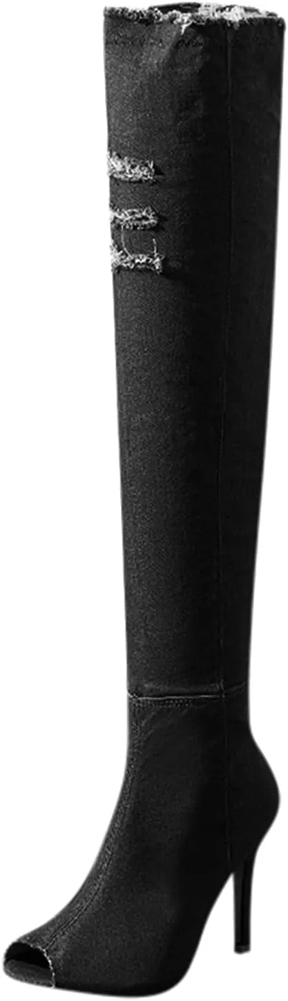Knee High Boots Women Low Heel Winter Boots for Women Fashion Open Cowboy Knee High Boots Skinny Open Toe Shoes