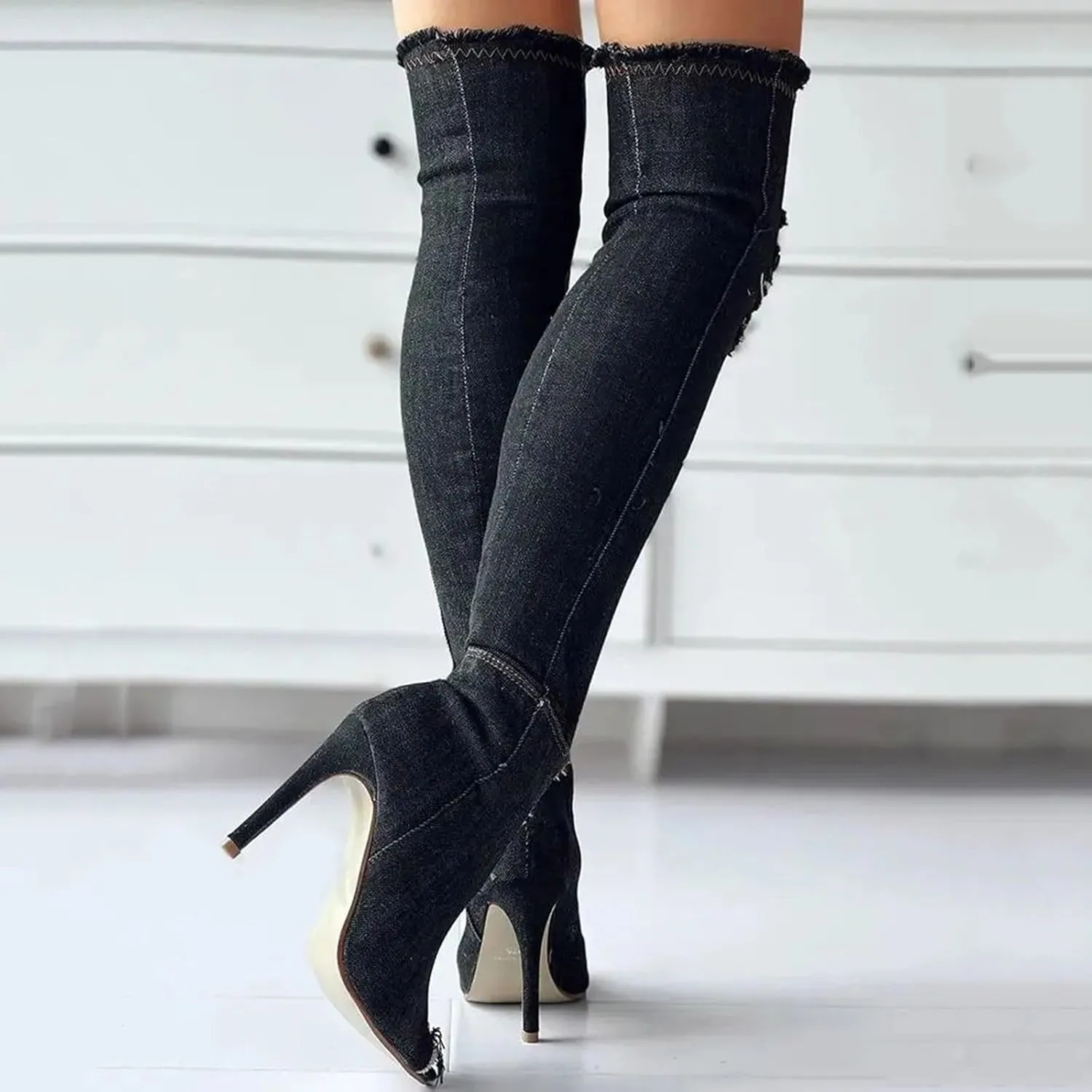 Knee High Boots Women Low Heel Winter Boots for Women Fashion Open Cowboy Knee High Boots Skinny Open Toe Shoes