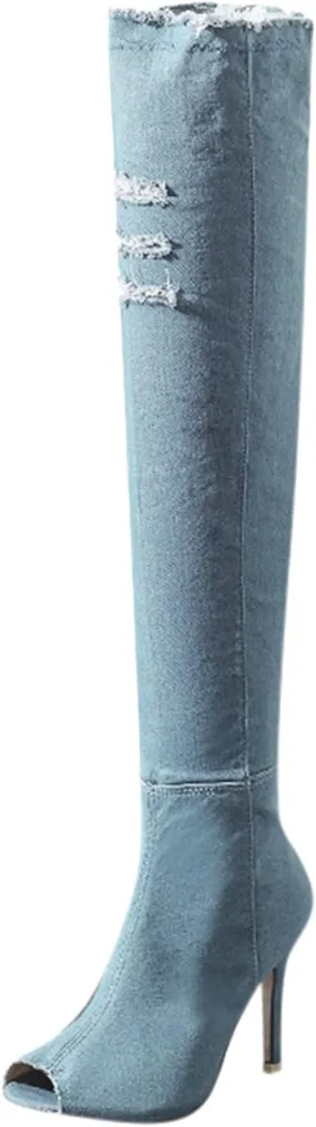 Knee High Boots Women Low Heel Winter Boots for Women Fashion Open Cowboy Knee High Boots Skinny Open Toe Shoes