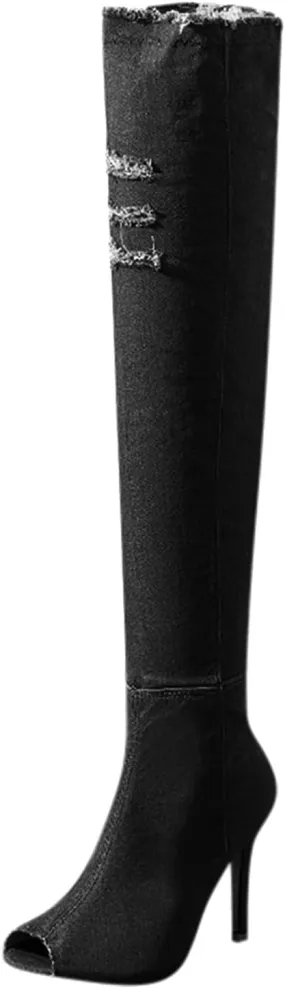Knee High Boots Women Low Heel Winter Boots for Women Fashion Open Cowboy Knee High Boots Skinny Open Toe Shoes