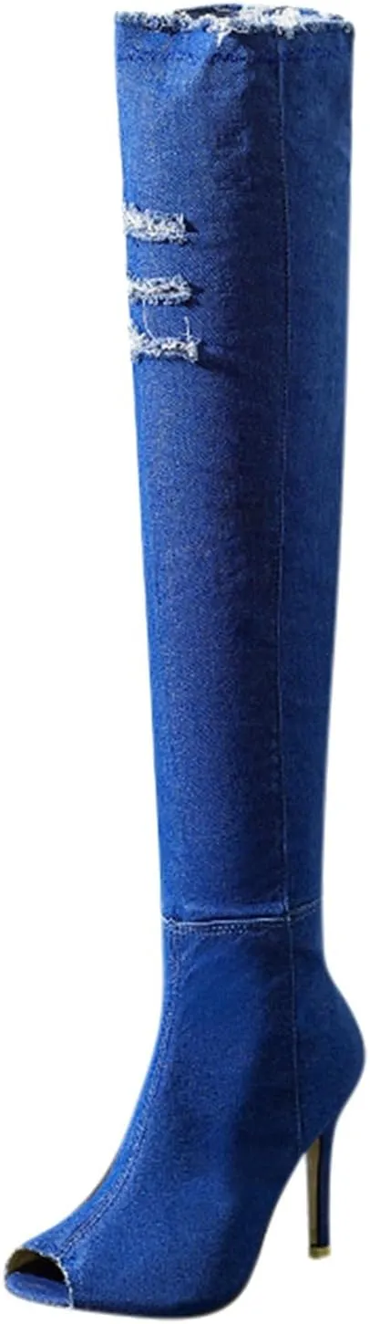 Knee High Boots Women Low Heel Winter Boots for Women Fashion Open Cowboy Knee High Boots Skinny Open Toe Shoes