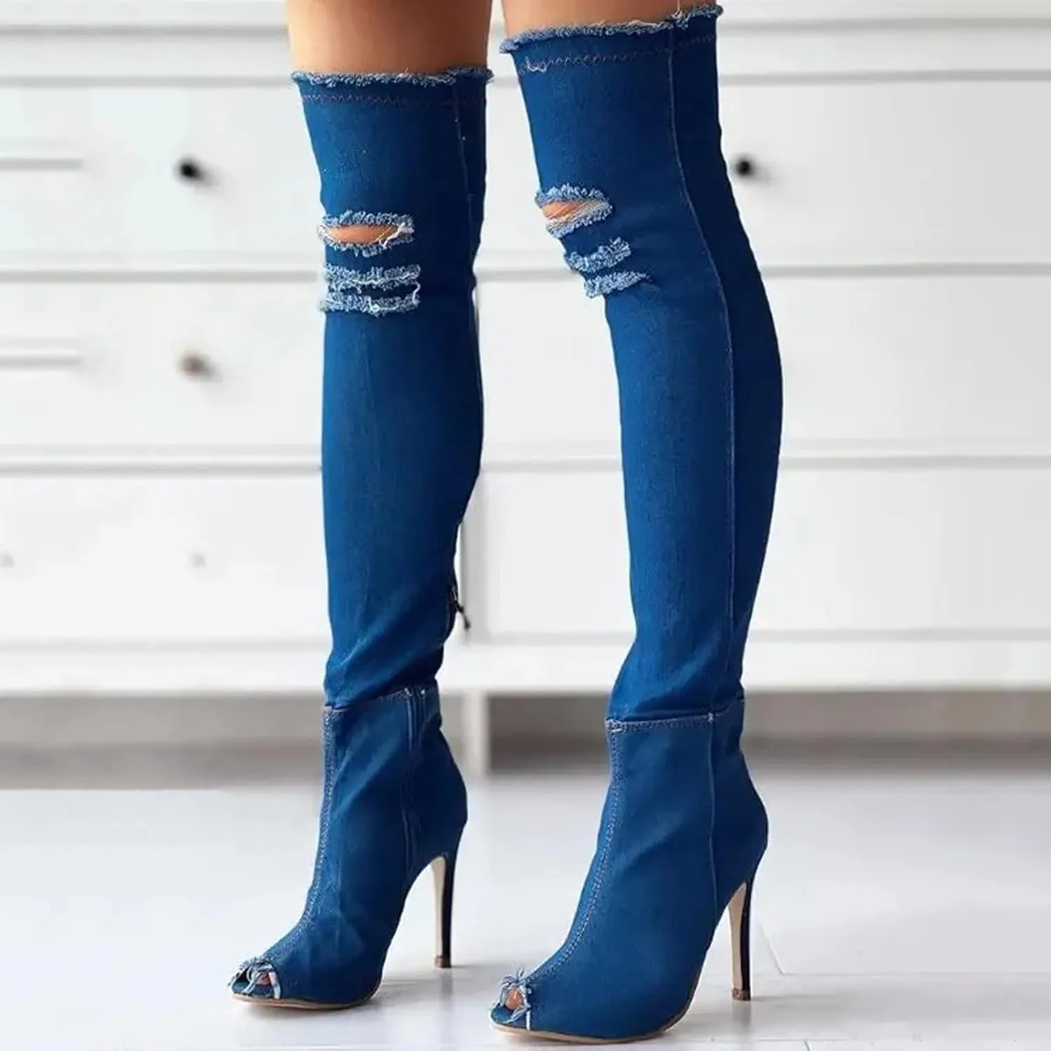 Knee High Boots Women Low Heel Winter Boots for Women Fashion Open Cowboy Knee High Boots Skinny Open Toe Shoes