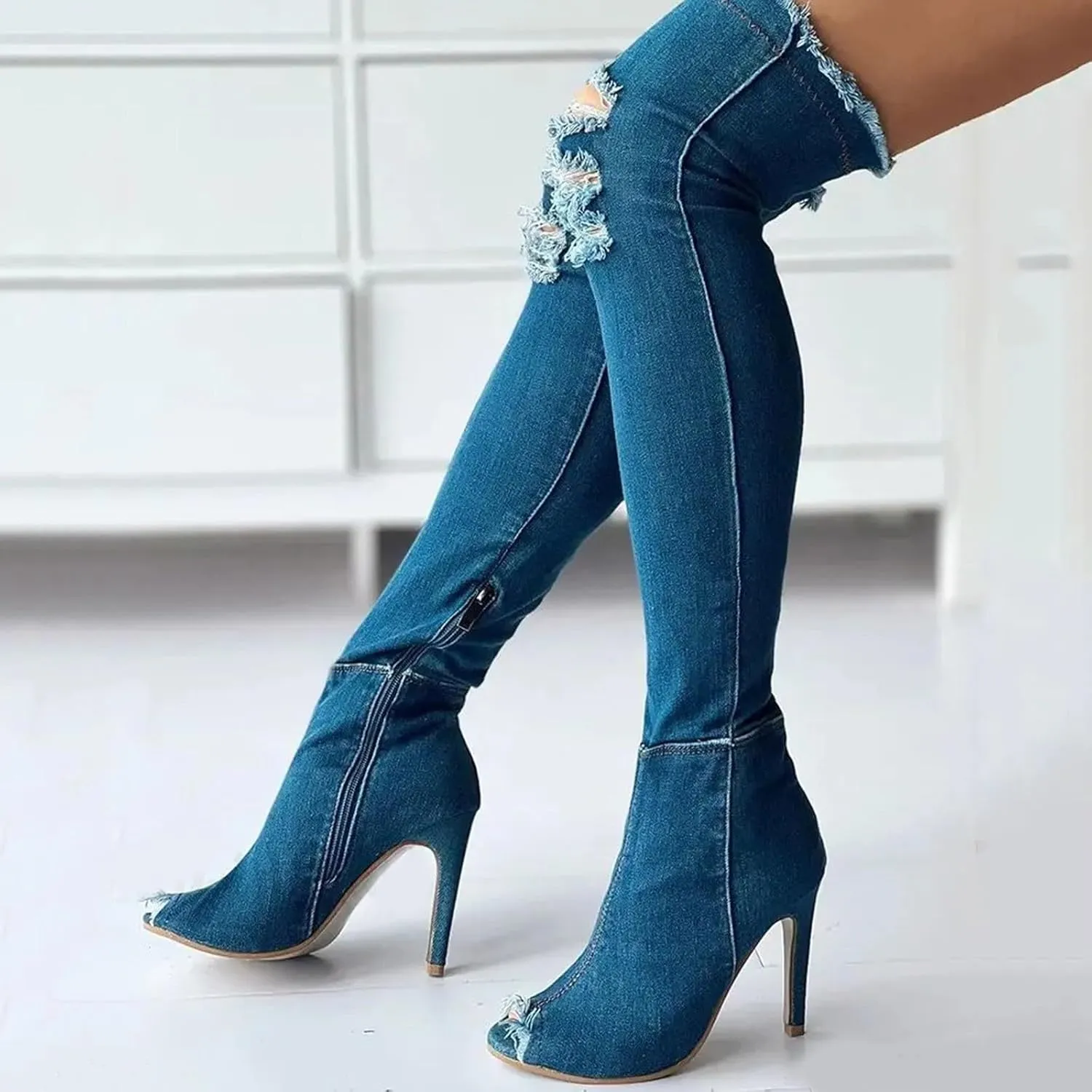 Knee High Boots Women Low Heel Winter Boots for Women Fashion Open Cowboy Knee High Boots Skinny Open Toe Shoes