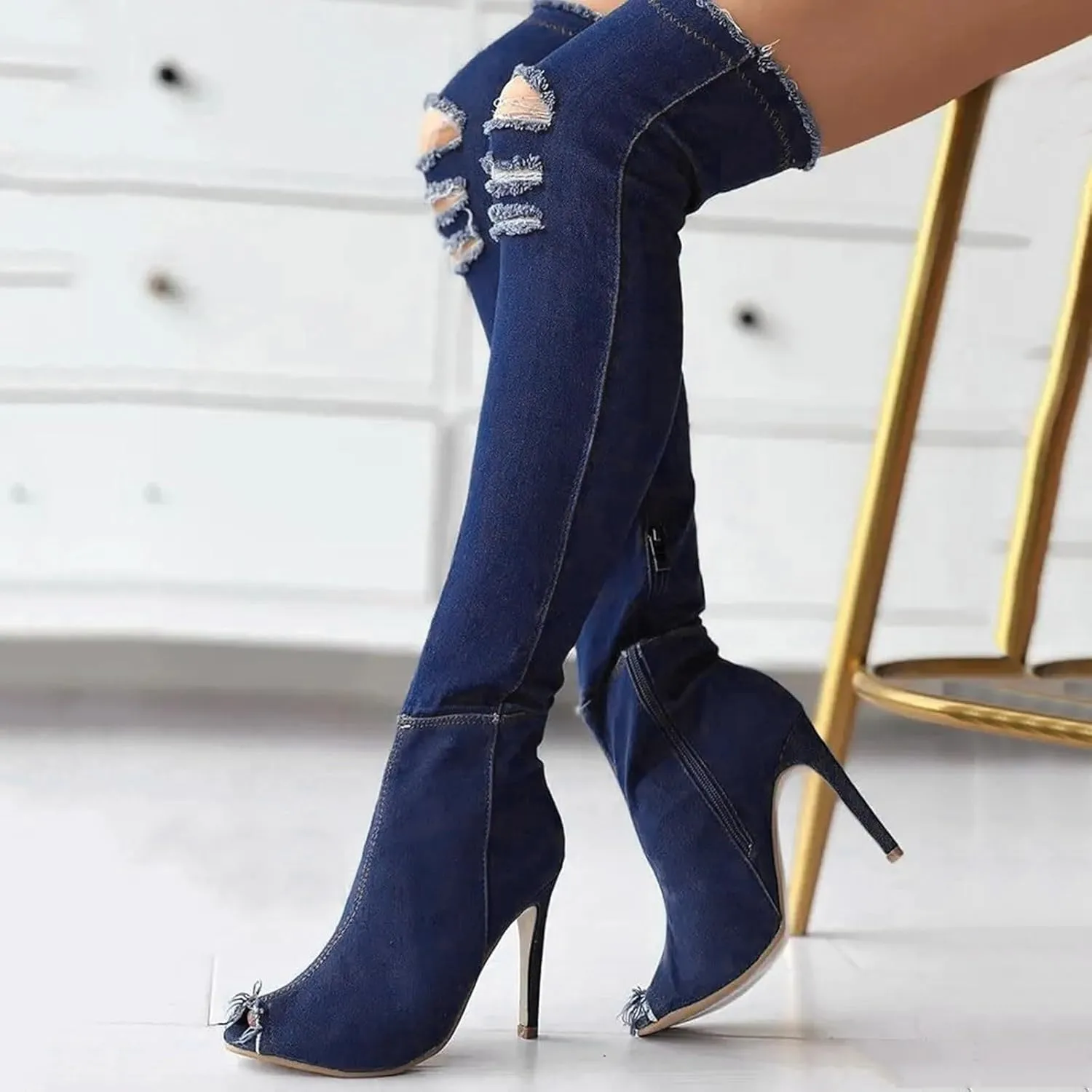 Knee High Boots Women Low Heel Winter Boots for Women Fashion Open Cowboy Knee High Boots Skinny Open Toe Shoes