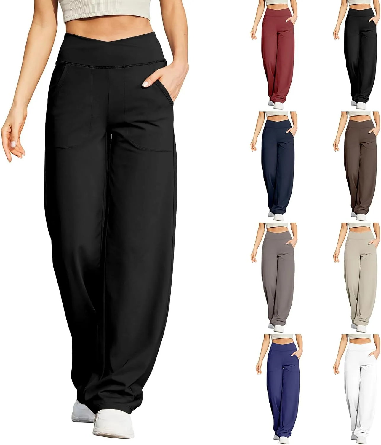 Kubbon Women's Wide Leg Yoga Pants Crossover Baggy High Waist Stretch Dress Sweatpants Casual Lounge Pants with Pockets