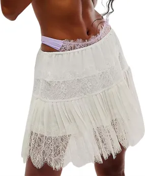 Lace Mini Skirts for Women Ruffle Pleated Low Rise Floral Short Skirts Y2k A-line Layered Half Slip Skirt