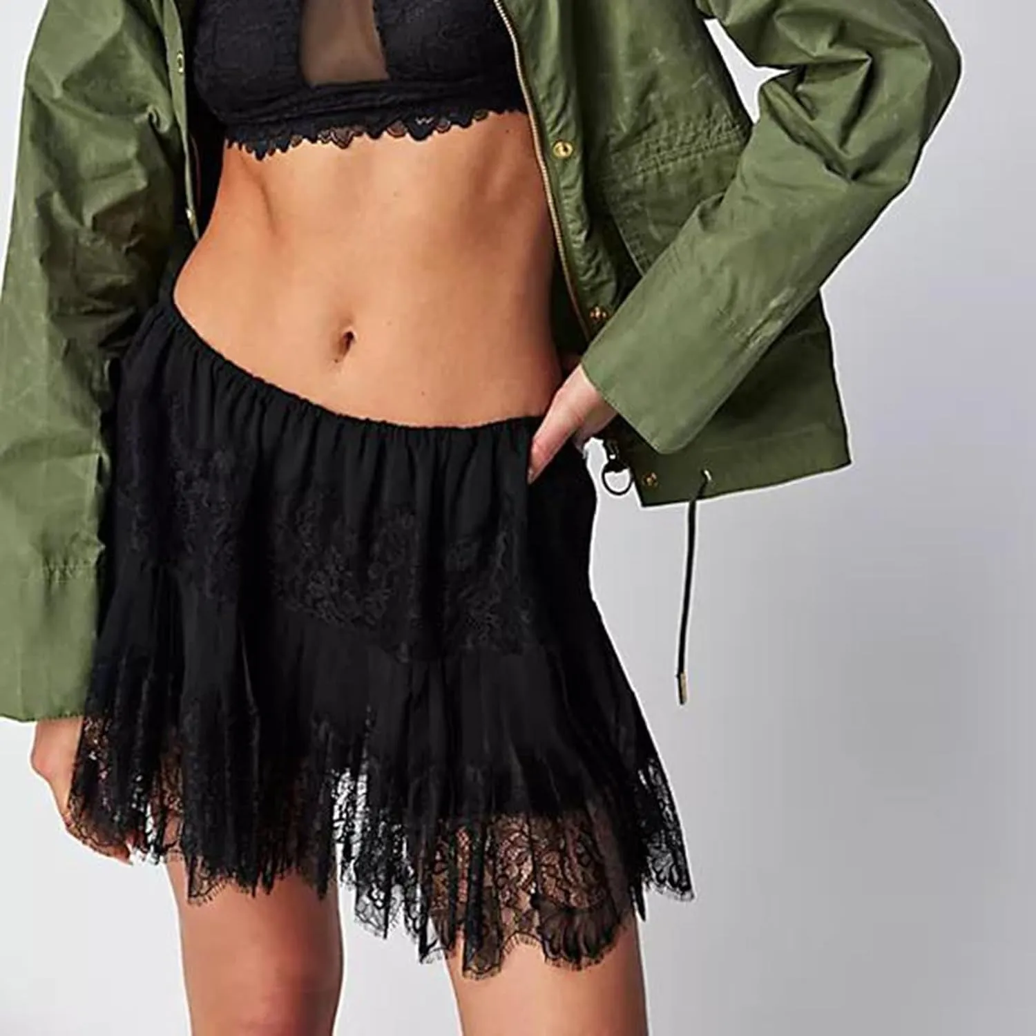Lace Mini Skirts for Women Ruffle Pleated Low Rise Floral Short Skirts Y2k A-line Layered Half Slip Skirt