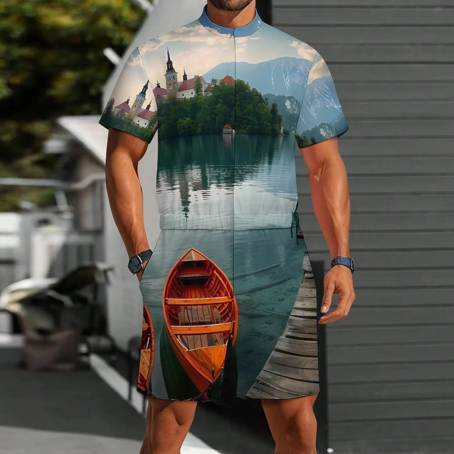 Lake Bled Slovenia Church on The Island Mens Short Sleeve Rompers Printed Slim Fit One Piece Jumpsuit with Pocket