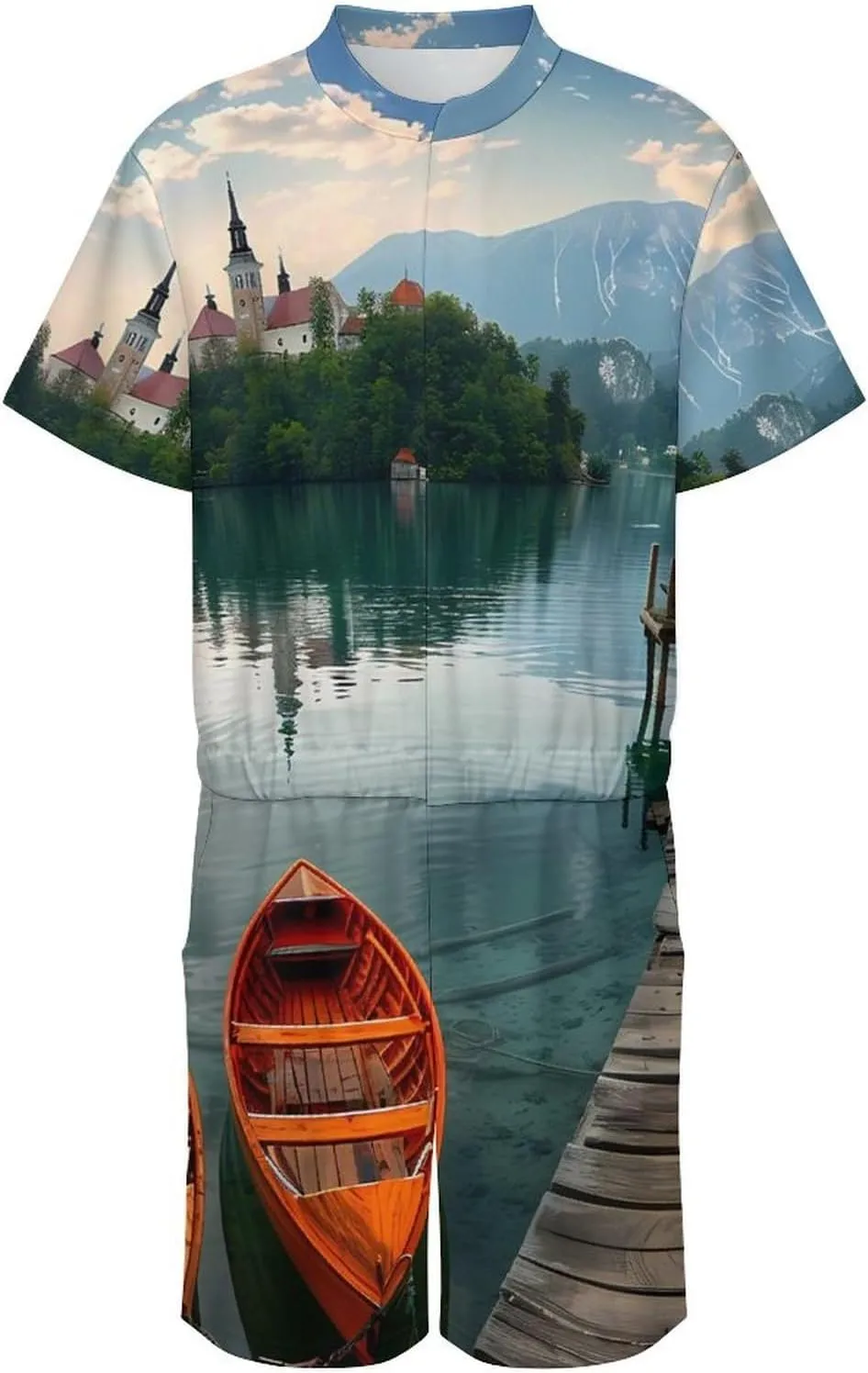 Lake Bled Slovenia Church on The Island Mens Short Sleeve Rompers Printed Slim Fit One Piece Jumpsuit with Pocket