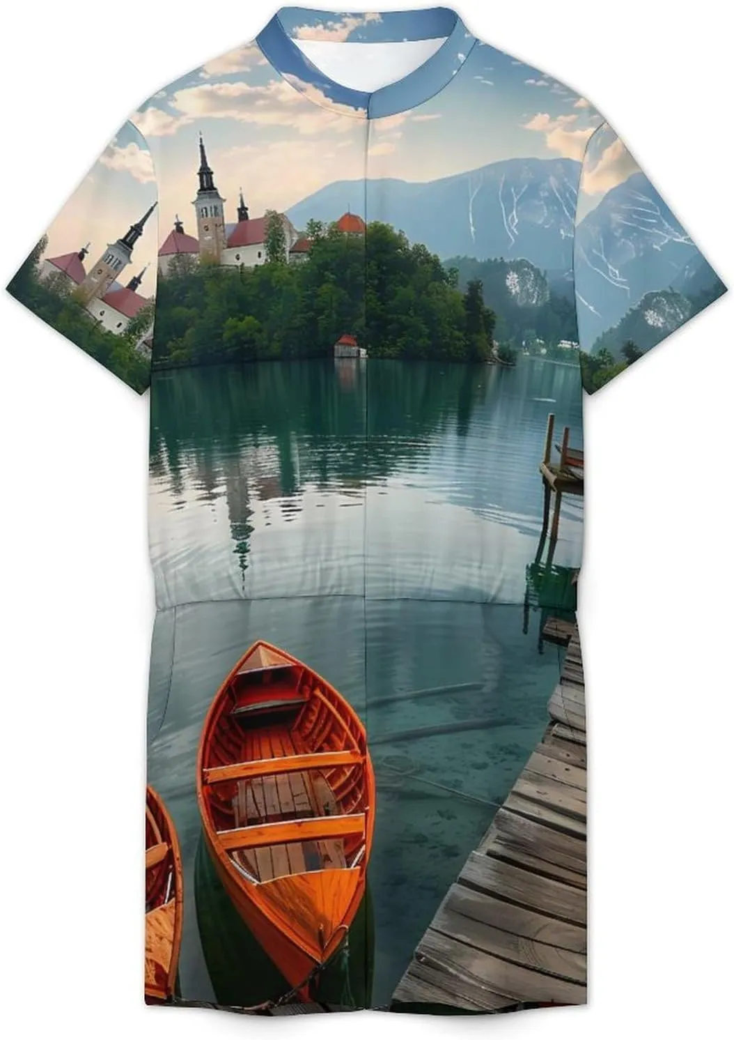 Lake Bled Slovenia Church on The Island Mens Short Sleeve Rompers Printed Slim Fit One Piece Jumpsuit with Pocket