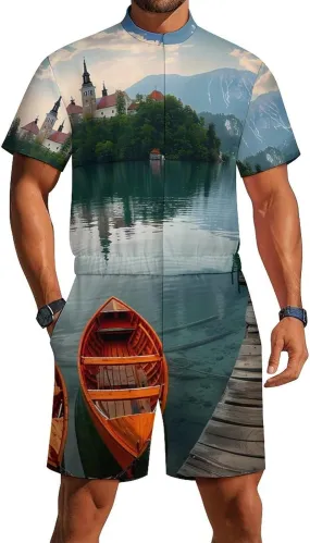 Lake Bled Slovenia Church on The Island Mens Short Sleeve Rompers Printed Slim Fit One Piece Jumpsuit with Pocket