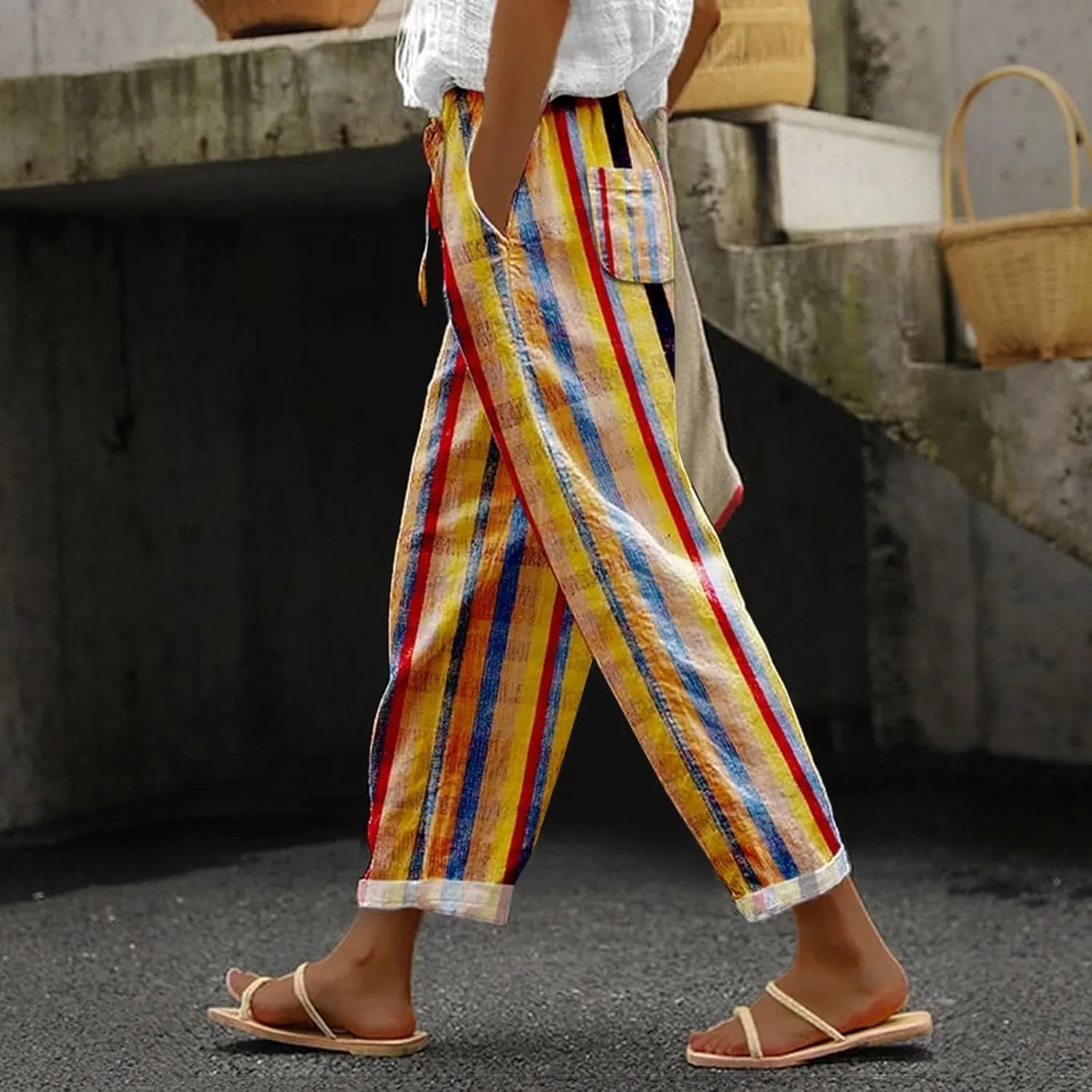 LCMTWX White Linen Pants Women 2025 Drawstring Pants Capri Pants 2025 Pants with Pockets Wide Leg Cropped Pants Linen Pants