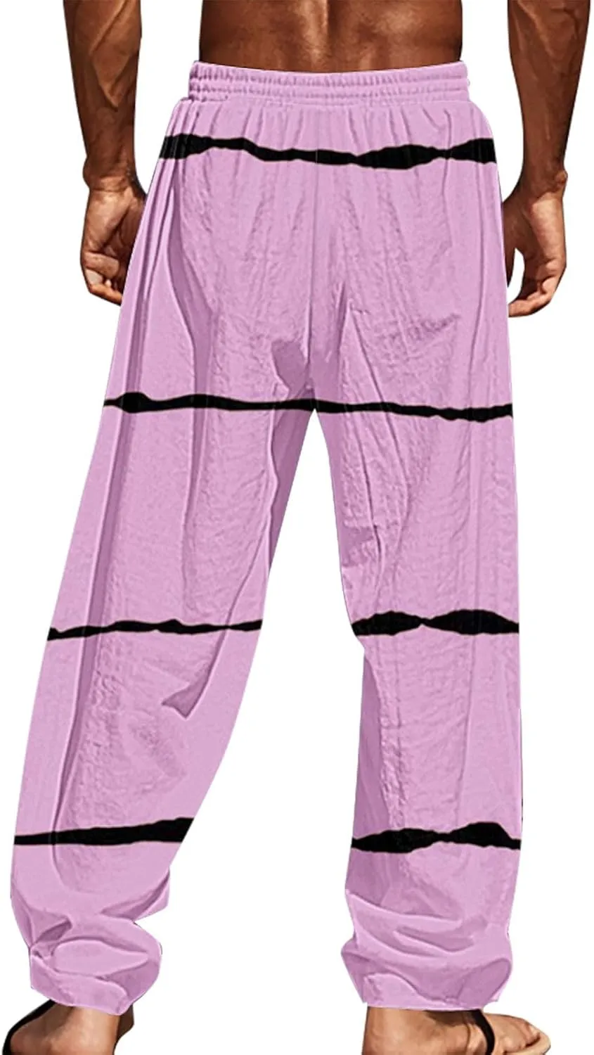 Lightweight Summer Beach Pant Striped Printed Pants Summer Yoga Beach Trousers Mens Linen Blend Pants Mens Hippie