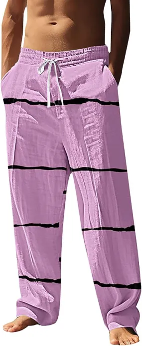 Lightweight Summer Beach Pant Striped Printed Pants Summer Yoga Beach Trousers Mens Linen Blend Pants Mens Hippie