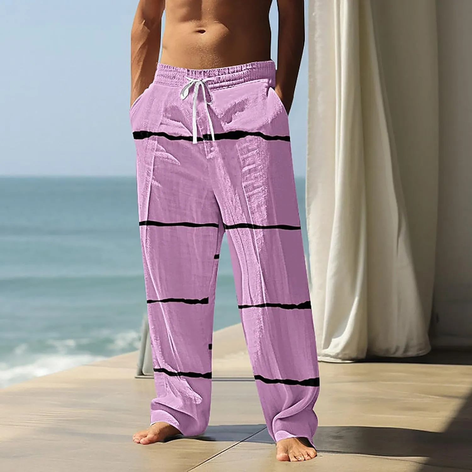 Lightweight Summer Beach Pant Striped Printed Pants Summer Yoga Beach Trousers Mens Linen Blend Pants Mens Hippie