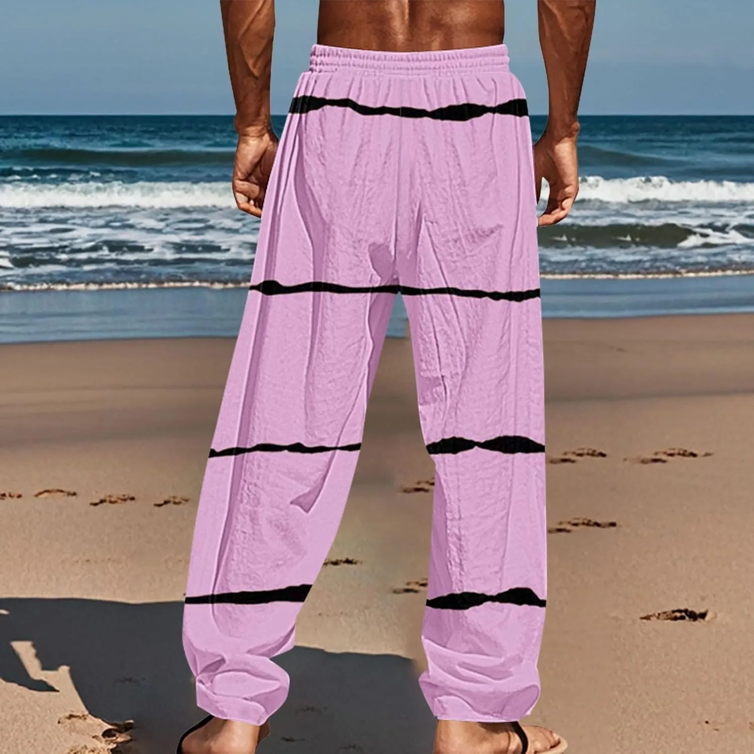 Lightweight Summer Beach Pant Striped Printed Pants Summer Yoga Beach Trousers Mens Linen Blend Pants Mens Hippie