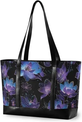 Line Drawing Floral Blue Purple essentials womens tote bag with zipper for school with tablet bolsas para computadoras de mujer