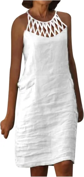 Linen Dress for Women Summer Trendy Loose Round Neck Solid Sundress Casual Sleeveless Vacation Pleated Dresses