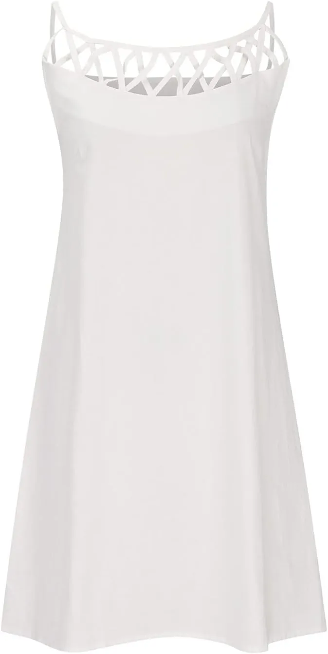 Linen Dress for Women Summer Trendy Loose Round Neck Solid Sundress Casual Sleeveless Vacation Pleated Dresses