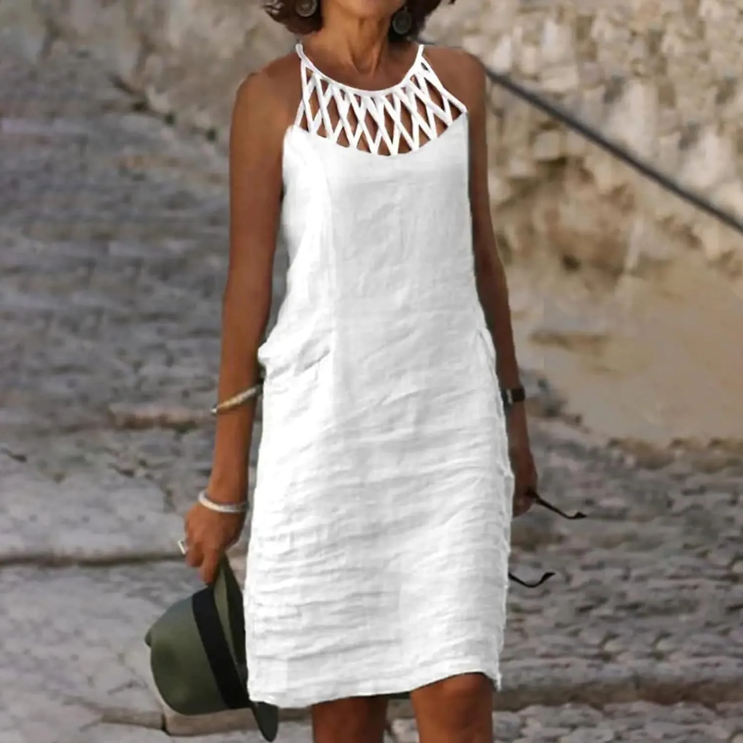 Linen Dress for Women Summer Trendy Loose Round Neck Solid Sundress Casual Sleeveless Vacation Pleated Dresses