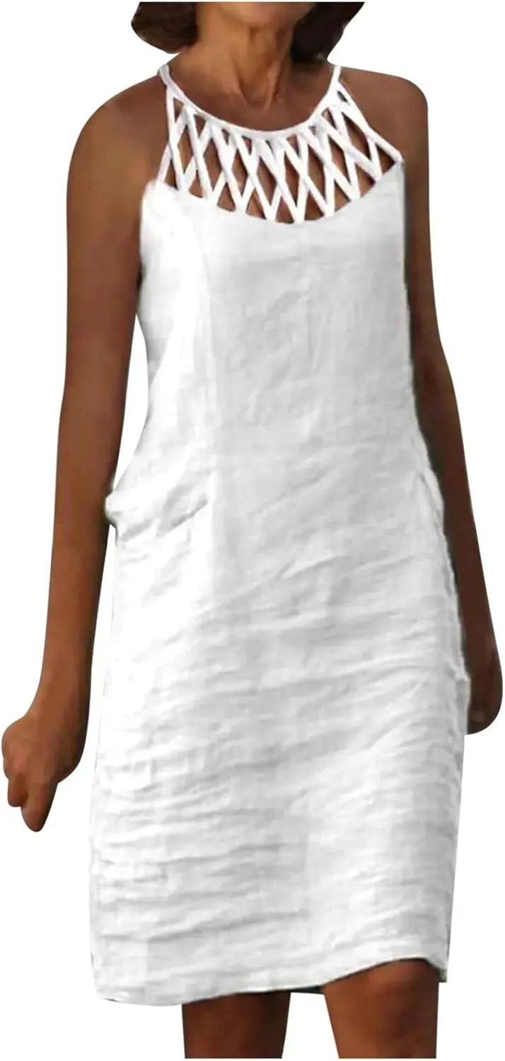 Linen Dress for Women Summer Trendy Loose Round Neck Solid Sundress Casual Sleeveless Vacation Pleated Dresses
