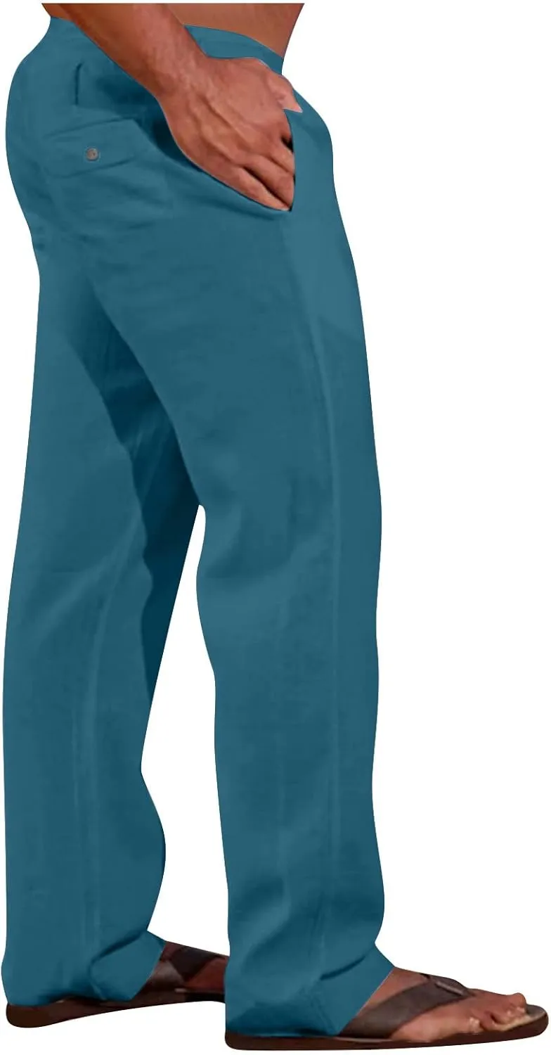 Linen Dress Pants Men Slim Fit Straight Leg Trousers Elastic Waist Lounge Pants Breathable Summer Pants Casual Pants