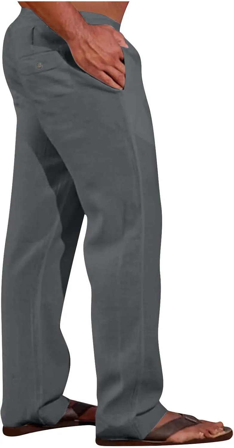 Linen Dress Pants Men Slim Fit Straight Leg Trousers Elastic Waist Lounge Pants Breathable Summer Pants Casual Pants