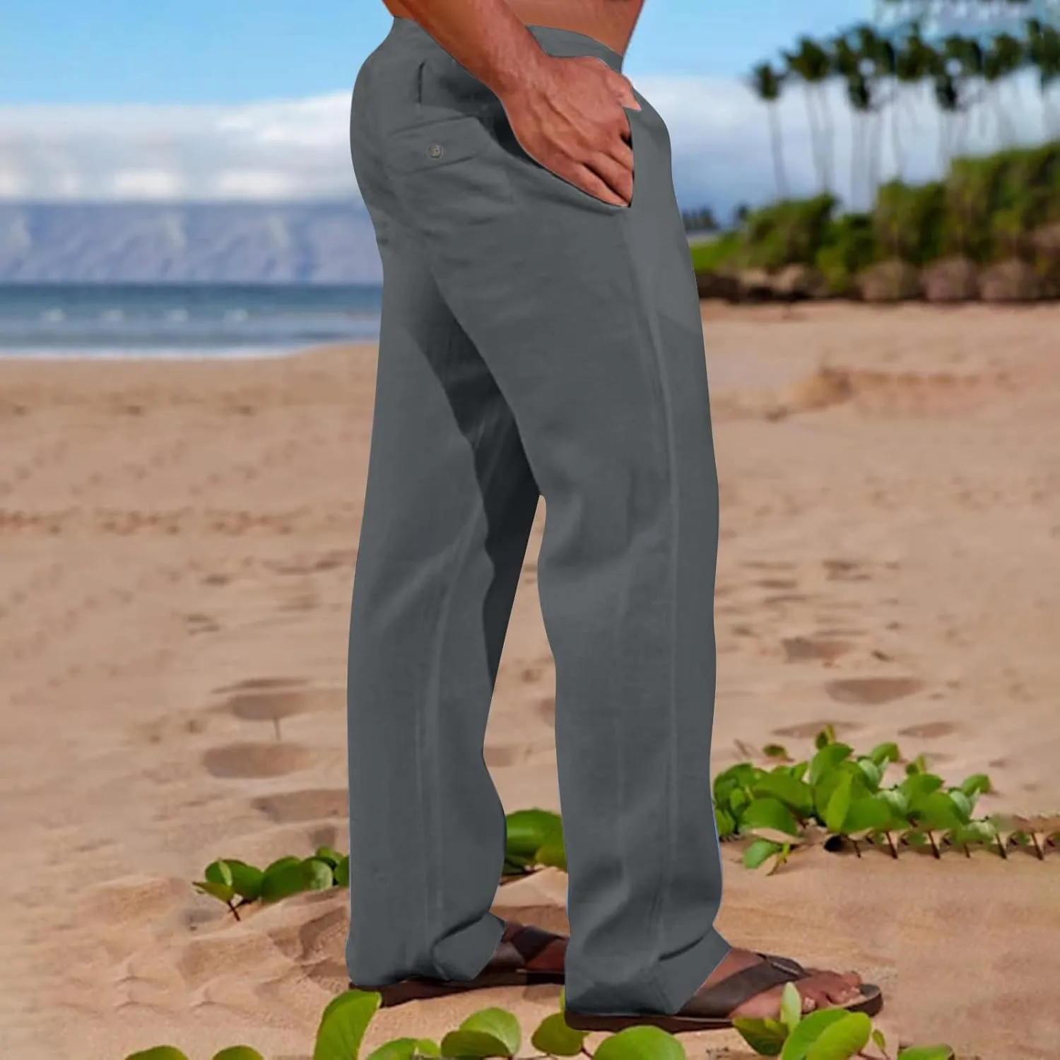 Linen Dress Pants Men Slim Fit Straight Leg Trousers Elastic Waist Lounge Pants Breathable Summer Pants Casual Pants
