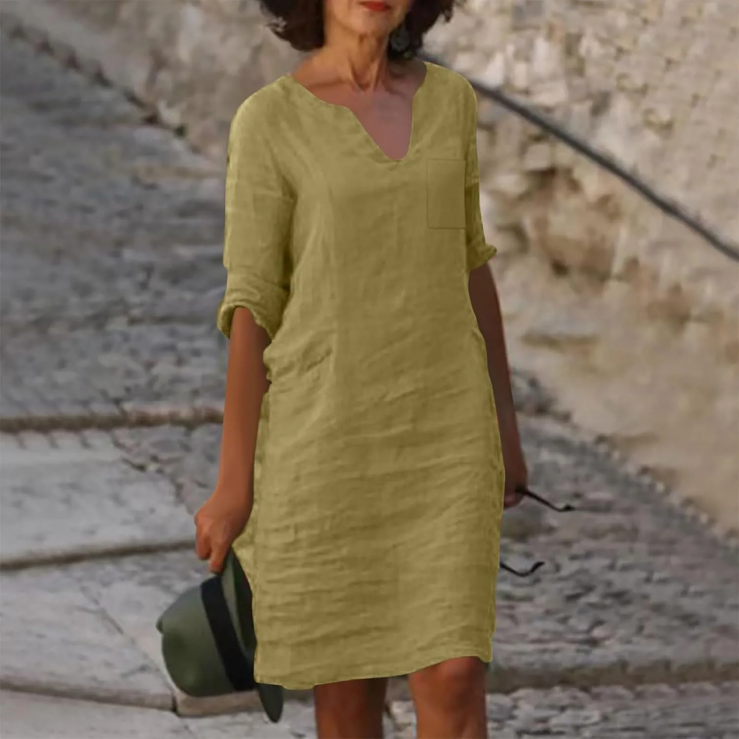 Linen Dress Women 2024,Summer Casual 3/4 Sleeve Tshirt Dress A Line Knee Length Midi Dress Beach Vacation Sun Dresses