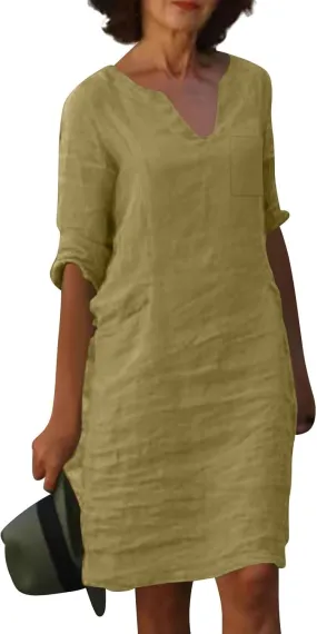 Linen Dress Women 2024,Summer Casual 3/4 Sleeve Tshirt Dress A Line Knee Length Midi Dress Beach Vacation Sun Dresses