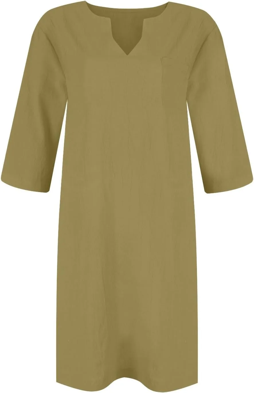 Linen Dress Women 2024,Summer Casual 3/4 Sleeve Tshirt Dress A Line Knee Length Midi Dress Beach Vacation Sun Dresses