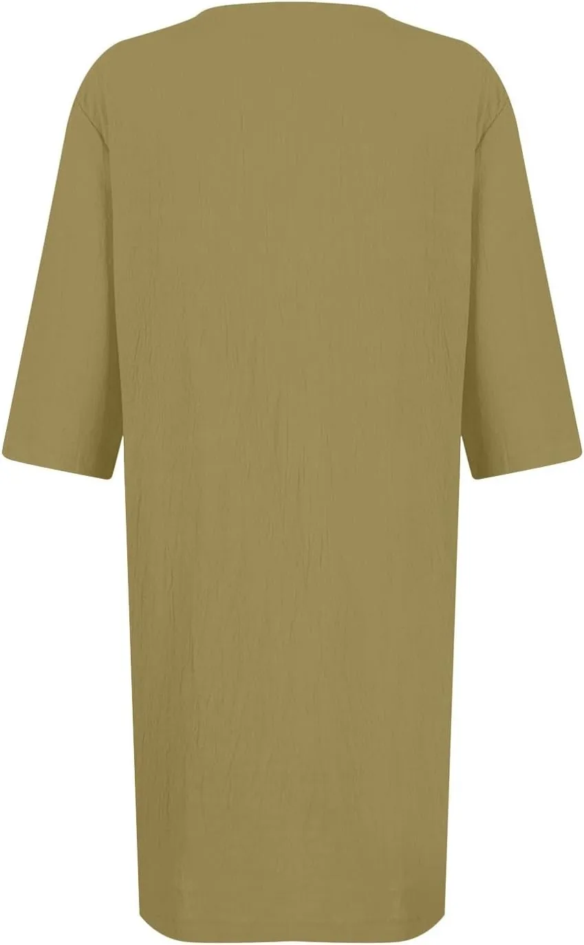 Linen Dress Women 2024,Summer Casual 3/4 Sleeve Tshirt Dress A Line Knee Length Midi Dress Beach Vacation Sun Dresses