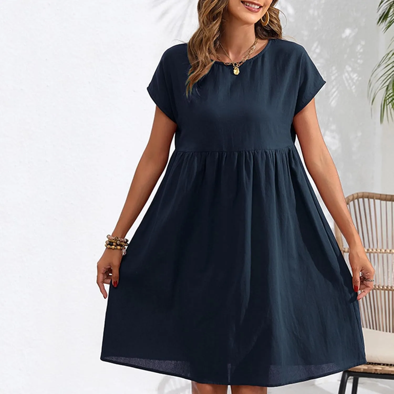 Linen Dresses for Women 2025 Casual Loose Round Neck Short Sleeve Sundress Fashion Solid Pleated Summer Dress