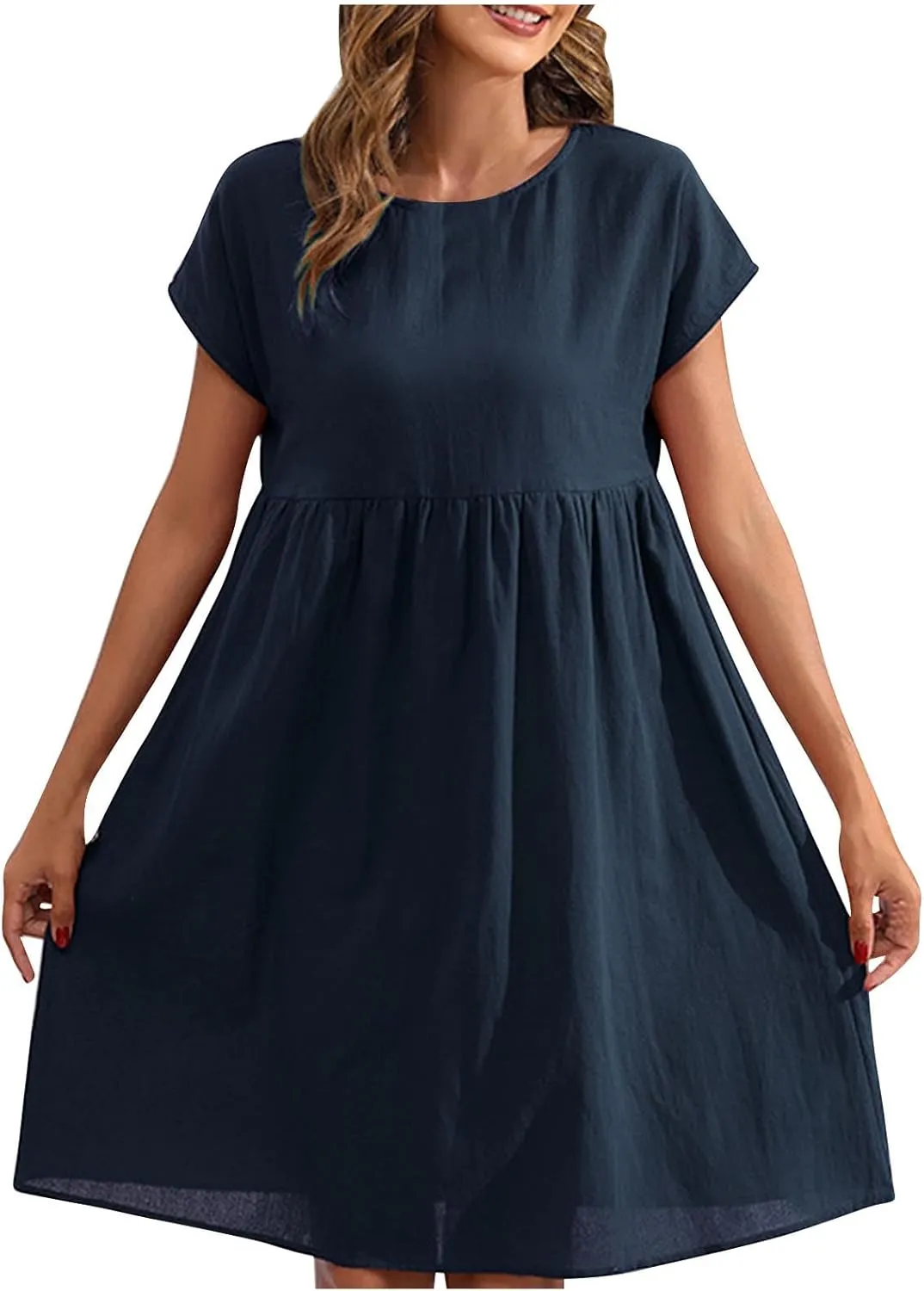 Linen Dresses for Women 2025 Casual Loose Round Neck Short Sleeve Sundress Fashion Solid Pleated Summer Dress