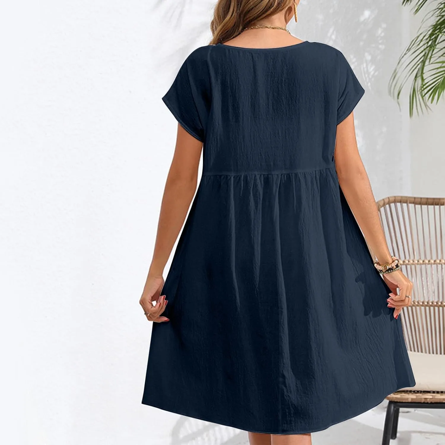 Linen Dresses for Women 2025 Casual Loose Round Neck Short Sleeve Sundress Fashion Solid Pleated Summer Dress