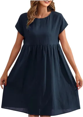 Linen Dresses for Women 2025 Casual Loose Round Neck Short Sleeve Sundress Fashion Solid Pleated Summer Dress
