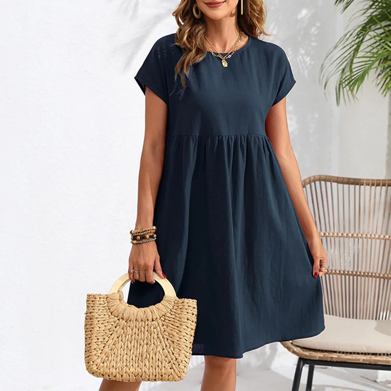 Linen Dresses for Women 2025 Casual Loose Round Neck Short Sleeve Sundress Fashion Solid Pleated Summer Dress