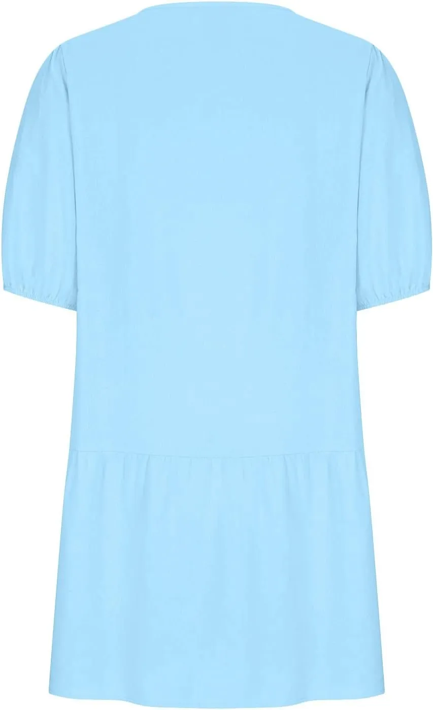 Linen Dresses for Women 2025 Casual Short Sleeve Solid Color Sundress Fashion Loose Crew Neck Pleated Summer Dress