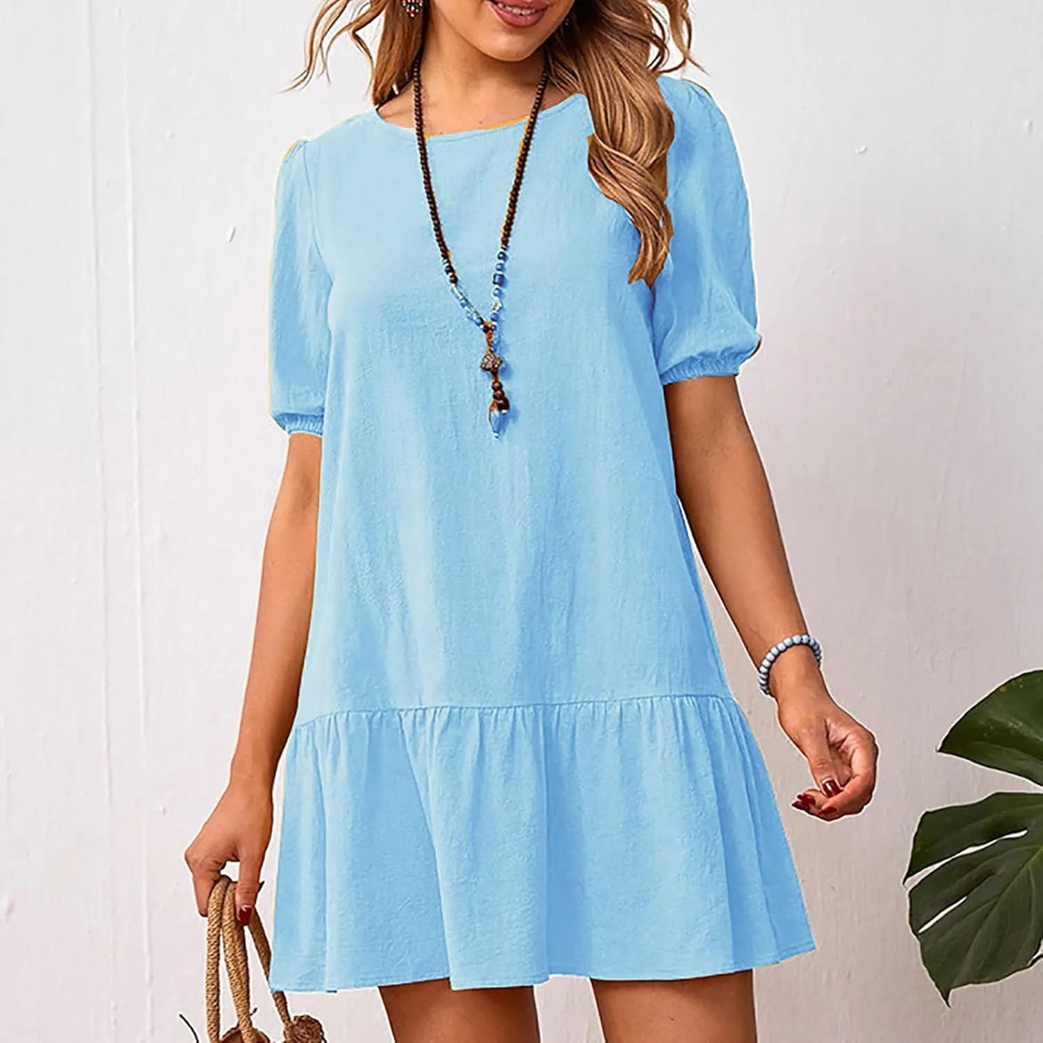 Linen Dresses for Women 2025 Casual Short Sleeve Solid Color Sundress Fashion Loose Crew Neck Pleated Summer Dress