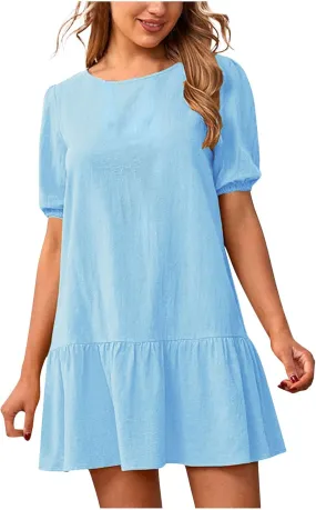 Linen Dresses for Women 2025 Casual Short Sleeve Solid Color Sundress Fashion Loose Crew Neck Pleated Summer Dress