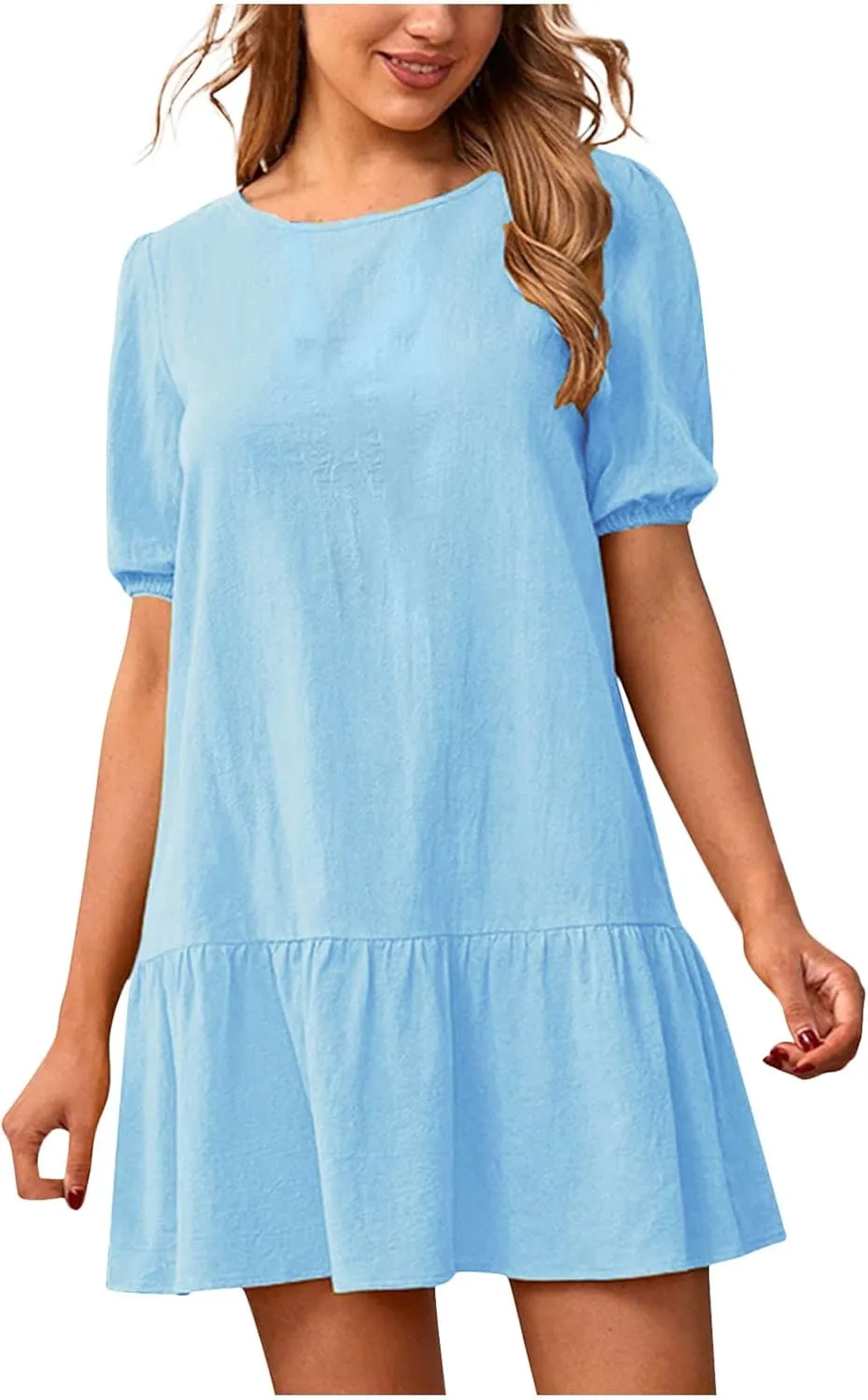 Linen Dresses for Women 2025 Casual Short Sleeve Solid Color Sundress Fashion Loose Crew Neck Pleated Summer Dress