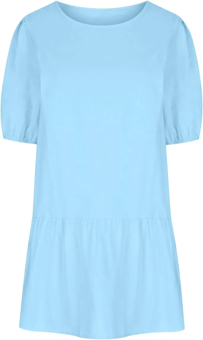 Linen Dresses for Women 2025 Casual Short Sleeve Solid Color Sundress Fashion Loose Crew Neck Pleated Summer Dress