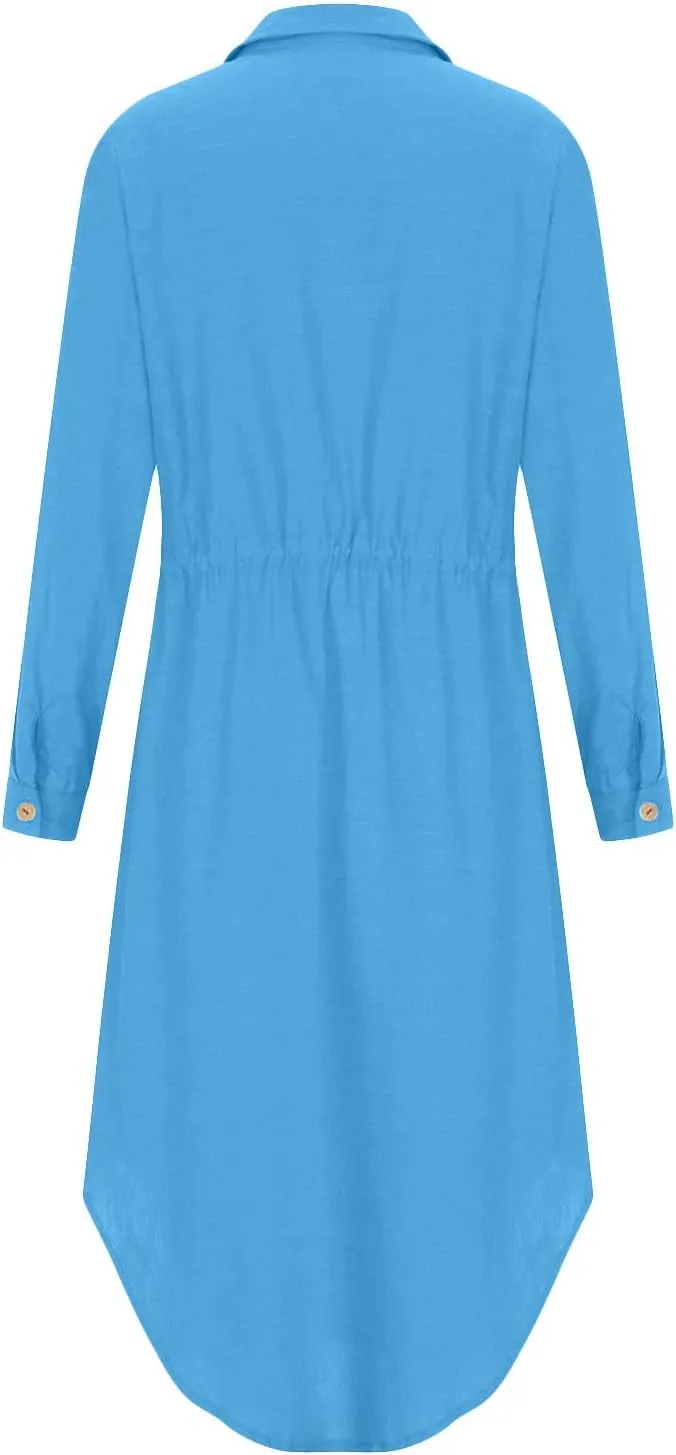 Linen Dresses for Women 2025 Casual Spring Loose Fit Lapel Shirt Dress Fashion Solid Color Button Pleated Dress